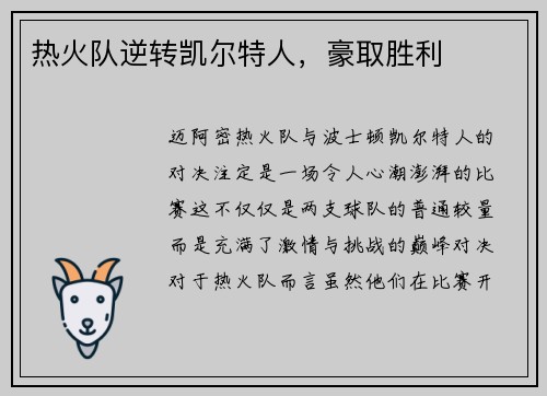 热火队逆转凯尔特人，豪取胜利