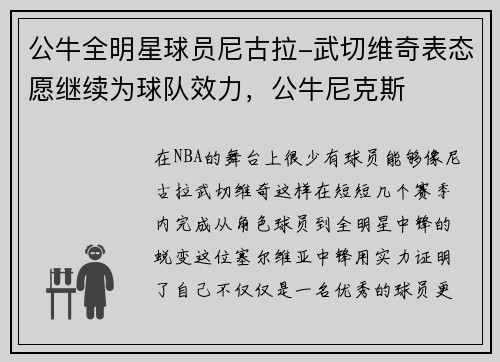 公牛全明星球员尼古拉-武切维奇表态愿继续为球队效力，公牛尼克斯