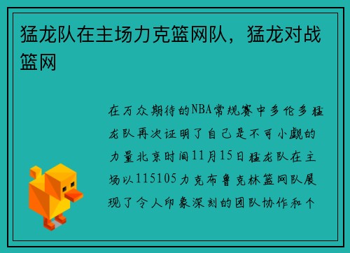 猛龙队在主场力克篮网队，猛龙对战篮网