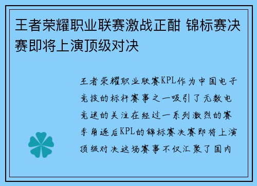 王者荣耀职业联赛激战正酣 锦标赛决赛即将上演顶级对决 王者荣耀职业联赛激战正酣 锦标赛决赛即将上演顶级对决